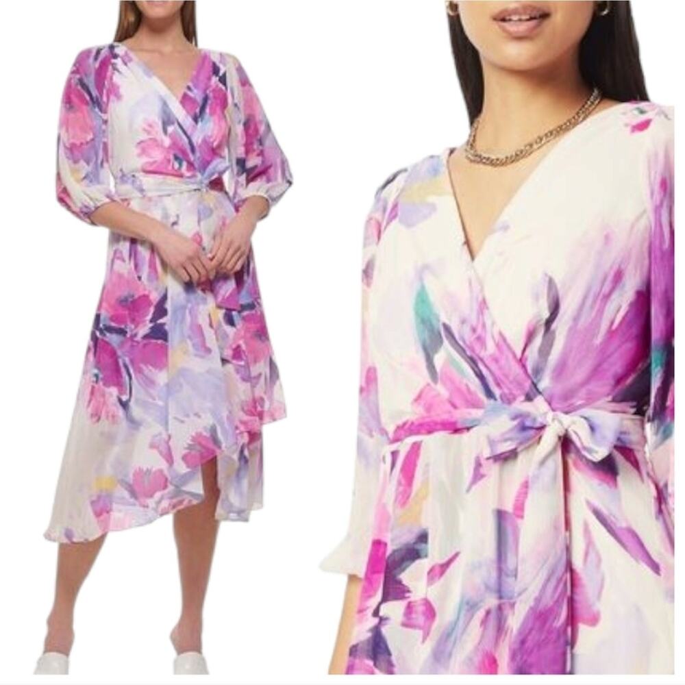 DKNY Raspberry watercolor tie waist warp surplice midi dress size 8 new
